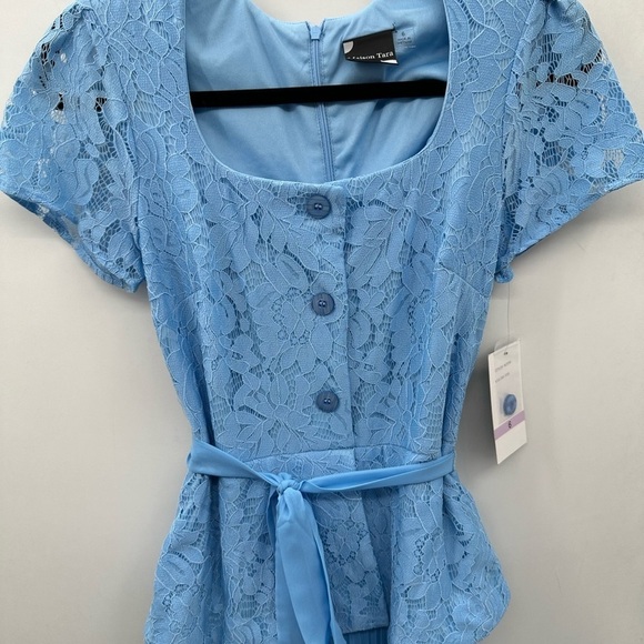 MAISON TARA Lace pleated chiffon midi woman’s cottagecore blue dress. NWT 6 - Picture 5 of 13